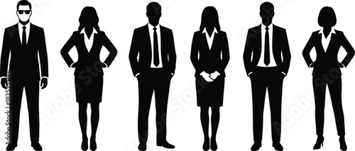 Business team silhouettes, corporate diversity, professional attire, leadership concept, teamwork posture, office fashion, executive presence, career success, unity, strategy
