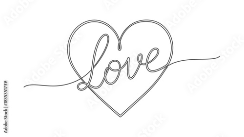 A minimalist continuous line drawing of the word "love" inside a heart shape.