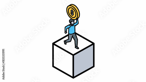 A person stands triumphantly on a cube, holding a golden coin above their head.