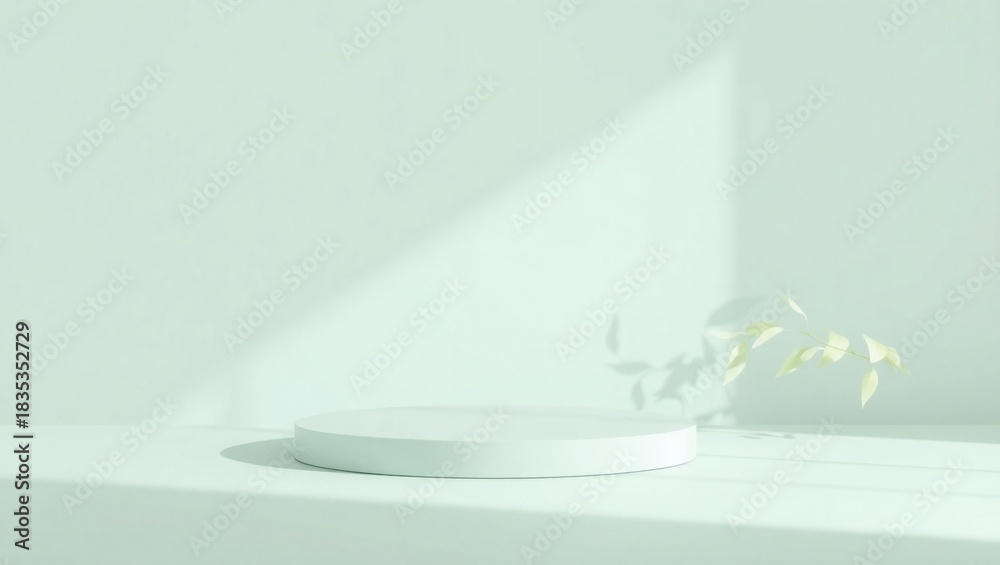 Fototapeta premium Minimalist light and shadow play on a white surface with a delicate plant