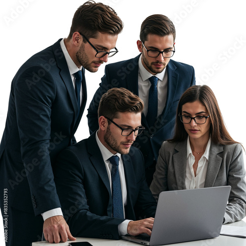 Four business professionals collaborating on a project using a laptop isolated on transparent background