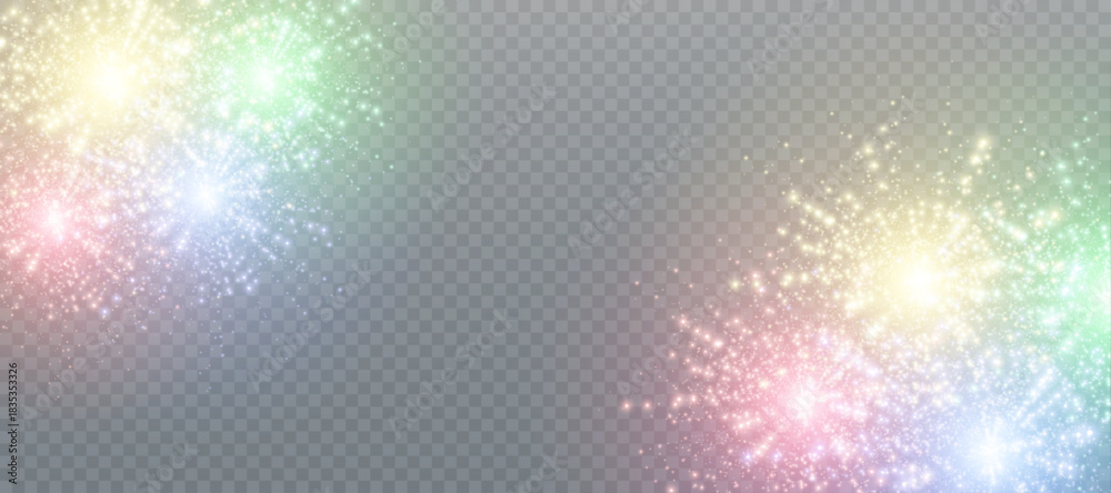 Fototapeta premium Festive multicolored bursts of fireworks and salutes on a transparent PNG background for New Year's and holiday overlays, cards, banners, and digital illustrations.