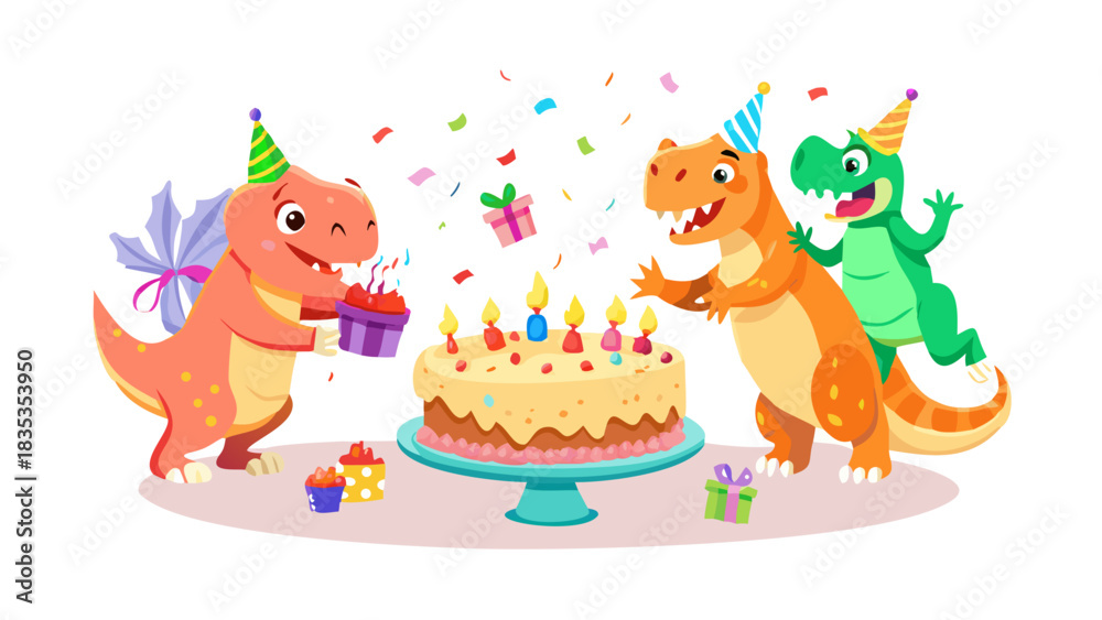 Obraz premium A cartoon dinosaur family decorating a huge birthday cake with icing, sprinkles, cherries, fun expressions, colorful and joyful atmosphere