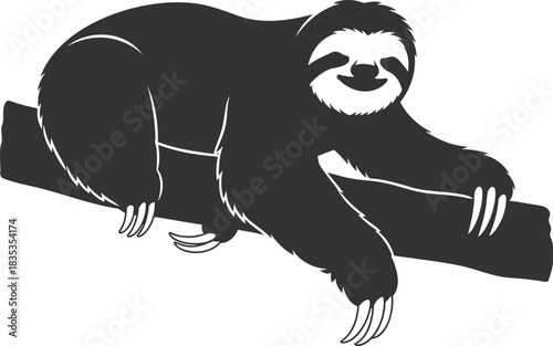 Happy sloth on branch, smiling animal outline illustration