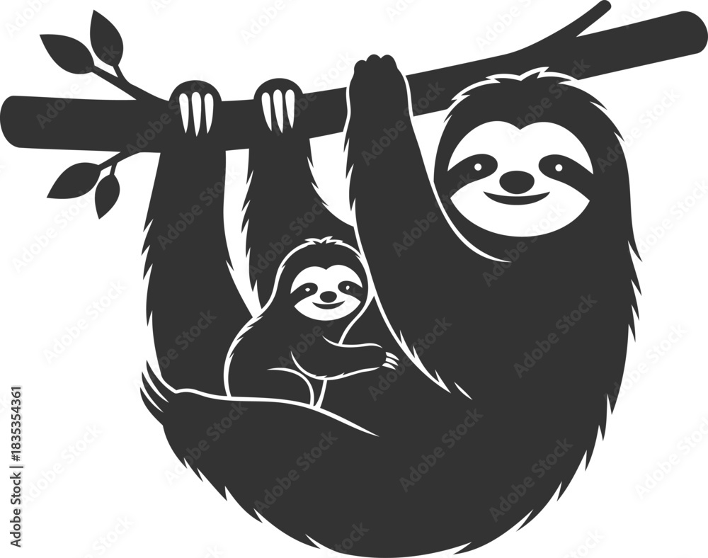 Obraz premium Adorable mama and baby sloths clinging to a tree branch