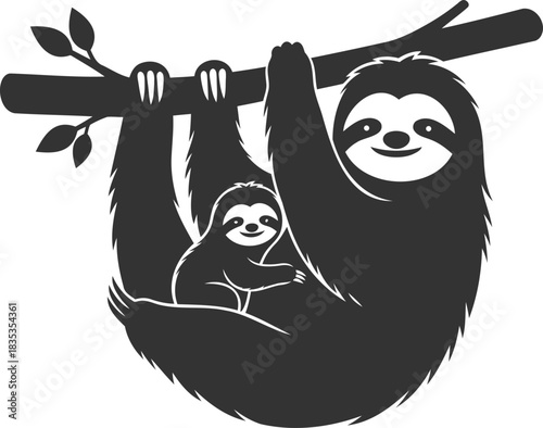 Adorable mama and baby sloths clinging to a tree branch