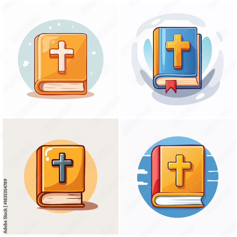 Fototapeta premium Religious illustrations set books with cross symbols symbolizing faith belief and spirituality perfect for editorial or commercial projects
