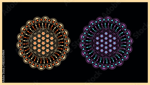 sacred geometry, mystical, flower of life, mandala, Intricate gold and jewel-embellished  circular ornaments