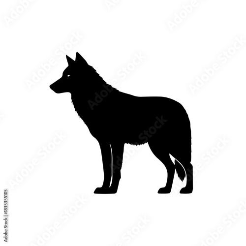 A simple black silhouette of a wolf or dog standing in profile against a plain white background.