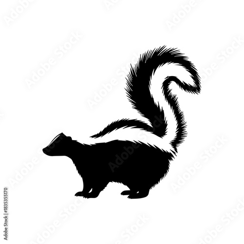 Black silhouette of a striped skunk standing in profile with its bushy tail raised high.