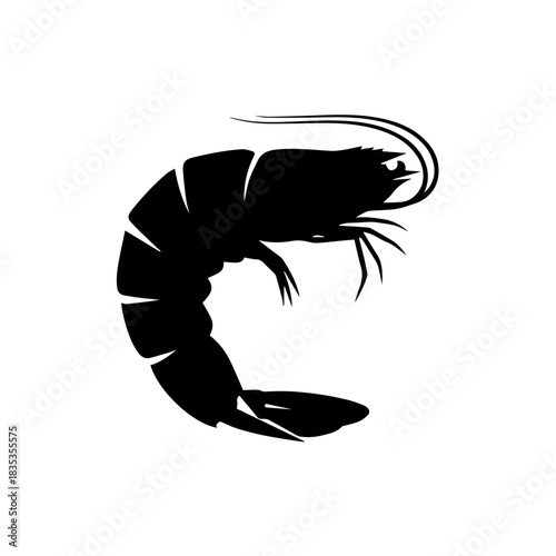 A simple black silhouette of a shrimp or prawn isolated on a white background.
