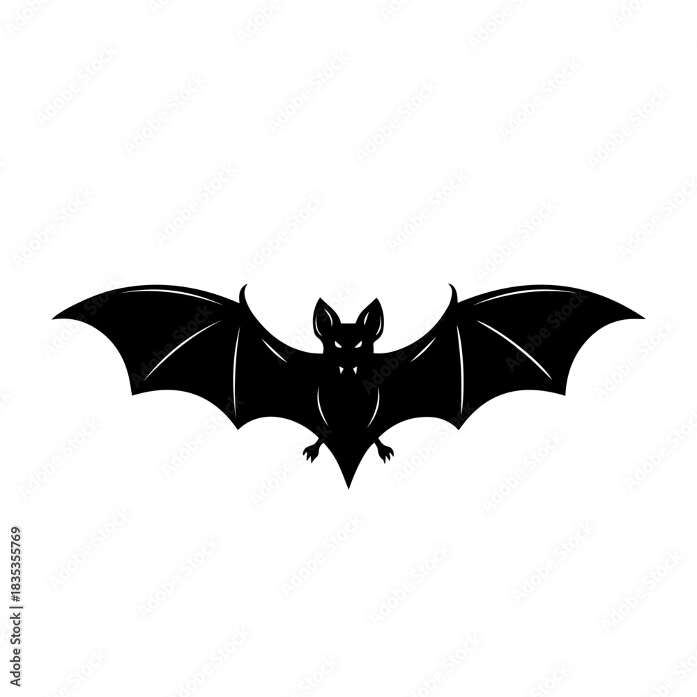 Fototapeta premium A stylized black silhouette of a flying bat with its wings spread wide, isolated on a white background.