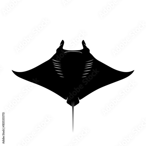 A black silhouette illustration of a manta ray viewed from above, isolated on a white background.