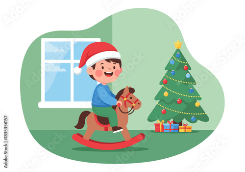 Happy boy riding a rocking horse in a joyful Christmas setting