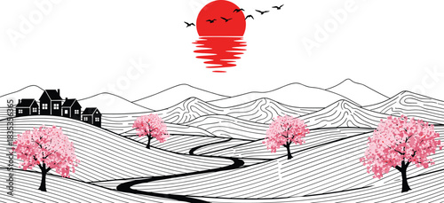 Cherry blossom landscape, mountain contour scene, sunset river view, peaceful countryside illustration, nature harmony, birds flying, village houses vector