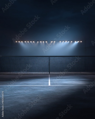 Illuminated Empty Tennis Court at Night with Blue Asphalt and Geometric Block Wall Under Bright Lights