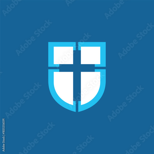Modern Abstract Blue and White Shield with Christian Cross Symbolizing Faith, Divine Protection, and Spiritual Security in a Clean Vector Graphic Design