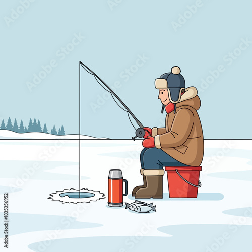 A person dressed in winter clothes is ice fishing on a frozen lake with a thermos and caught fish nearby.