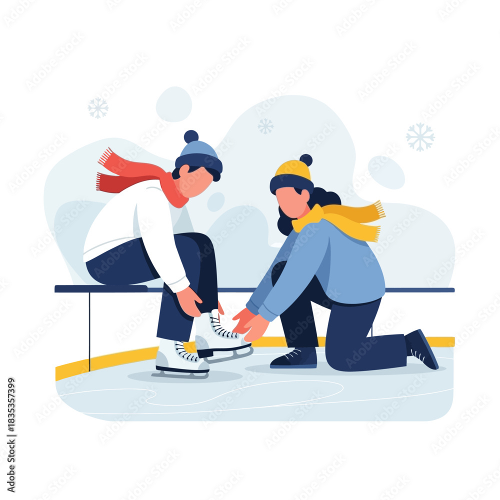 Obraz premium A young woman helps a man tie his ice skates as they sit on a bench by an outdoor rink in winter.
