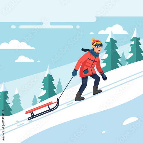A person in warm winter clothing pulls a red sled up a steep, snow-covered hill surrounded by evergreen trees.