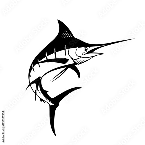 A dynamic black and white graphic illustration of a marlin fish isolated on a white background.