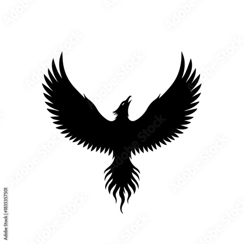 A majestic black silhouette of a mythical phoenix bird with its wings spread wide on a white background.