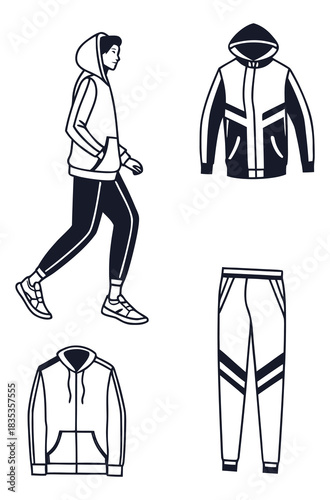 “Sport Runner Line Art Set – Activewear Jacket & Pants Fashion Sketch Illustration”