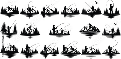 Fly fishing silhouette collection, mountain landscape scene, pine forest background, outdoor nature activity, fisherman casting line, wilderness vector design