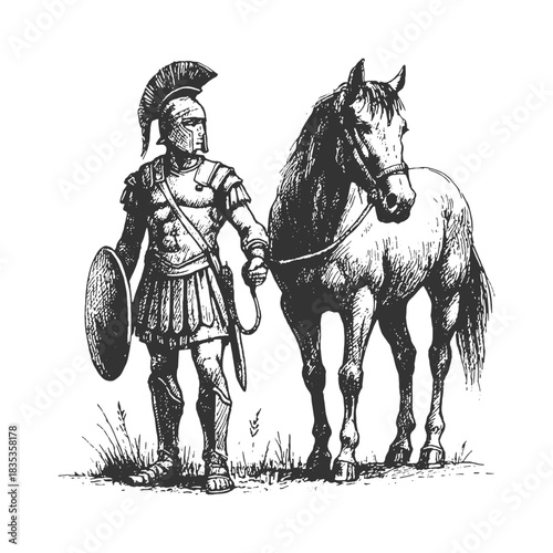 Classical engraved-style vector illustration of a Roman soldier standing beside his horse, ideal for historical themes, educational content, character design, and traditional decorative artwork.