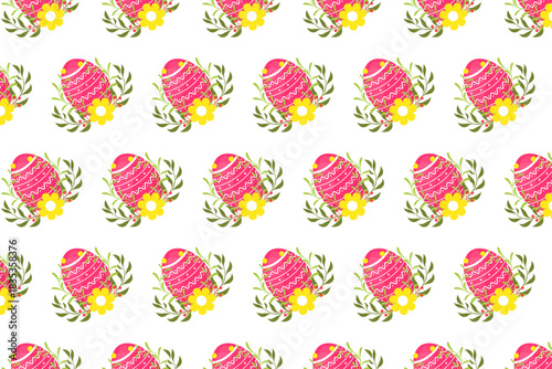 Easter pattern. A seamless pattern featuring bright pink Easter eggs with decorative motifs, set among green leaves and yellow flowers on a white background.