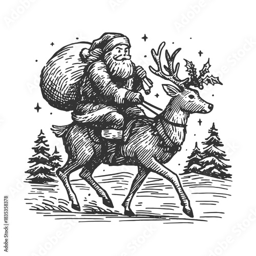 Vintage Christmas vector illustration of Santa Claus riding a reindeer through a snowy forest, created in detailed engraving style for festive prints, cards, and holiday designs.