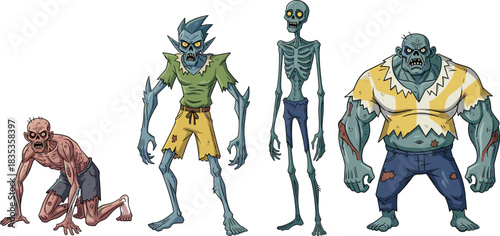 Four scary cartoon zombie characters set, crawling skeleton, muscular and standing monsters, isolated on white background vector illustration