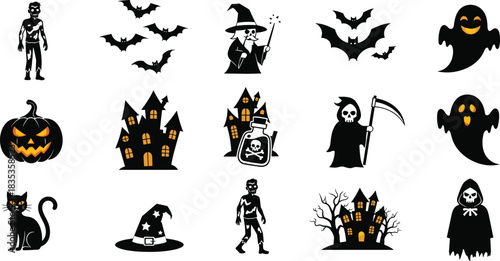 Halloween icon collection, spooky character set, haunted house design, ghost and zombie figures, bat silhouettes, festive vector, scary symbols