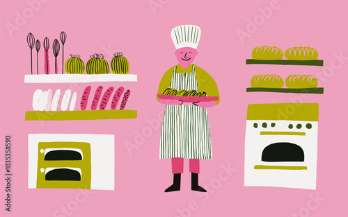 Pastry Chef with Bread and Baking Equipment Illustration