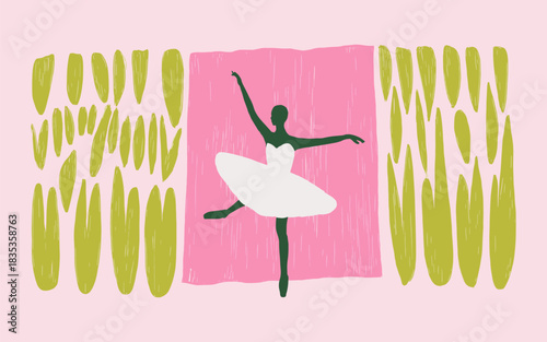 Illustration of a ballerina performing on stage, framed by abstract vertical shapes and a large pink backdrop on a pastel background