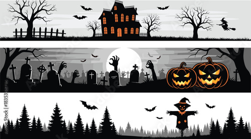 Halloween triptych illustration, haunted house scene, graveyard under moon, spooky forest, witch, scarecrow, bats, jack-o'-lanterns, eerie night design