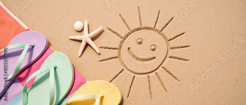 Bright summer scene with colorful flip flops, starfish, and cheerful sun drawing in sand, evoking joyful beach atmosphere