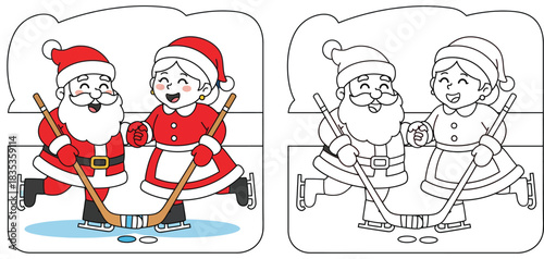 Christmas coloring book page for kids with happy Santa Claus and Mrs. Claus playing ice hockey together vector illustration