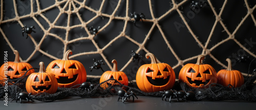 Spooky Halloween decorations featuring smiling pumpkins, black spiders, and web backdrop create festive atmosphere