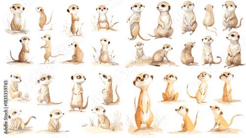 A playful watercolor collection of cute meerkats standing, sitting, watching, and interacting in desert settings, perfect for children illustrations, wildlife art, and charming character design.