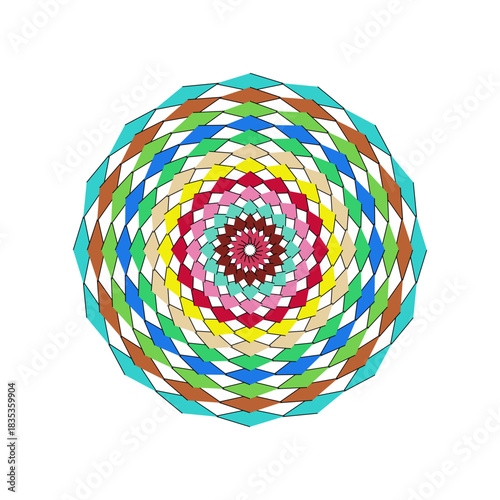 Vibrant geometric spiral pattern with colorful diamond shapes in a circular mosaic design