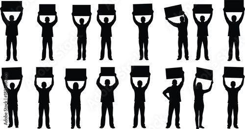 Protestor silhouette collection, blank sign icons, demonstration vector set, activist figures, public statement design, black crowd illustration, unity pose