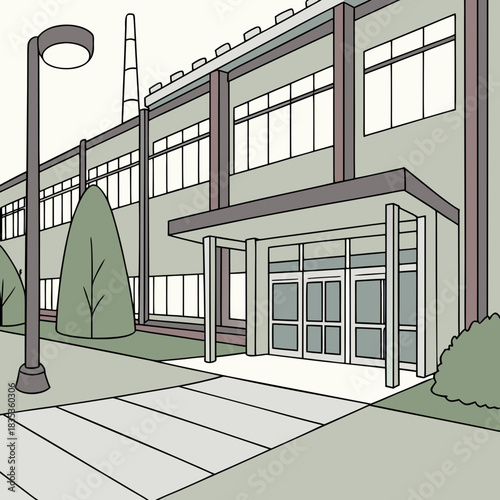 Modern industrial building with a prominent entrance large windows and a smokestack against a pale sky