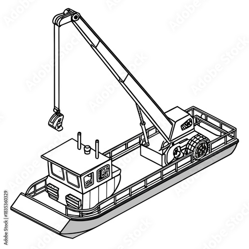 Isometric line drawing of a marine work boat with a crane and winch for lifting heavy loads at sea