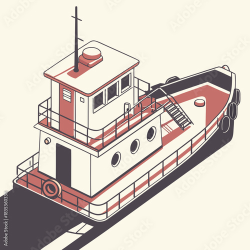 Stylized isometric illustration of a classic tugboat with a red and white hull and dark blue accents casting a shadow