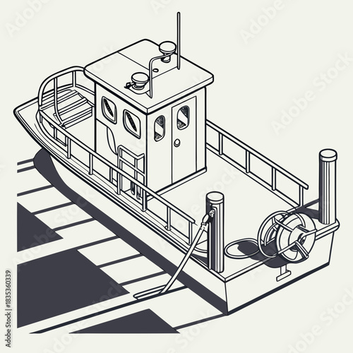 Isometric line art illustration of a small fishing boat docked at a pier with strong shadows