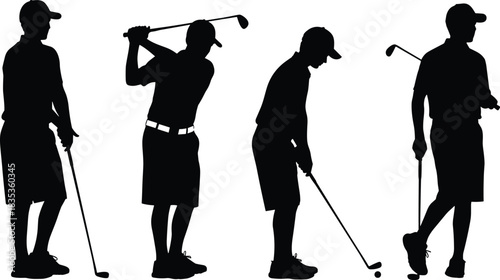 Golf player silhouettes, golfer swing poses, tee shot illustration, putting stance figures, sports athlete outline, golf club actions, black silhouette set for training concepts