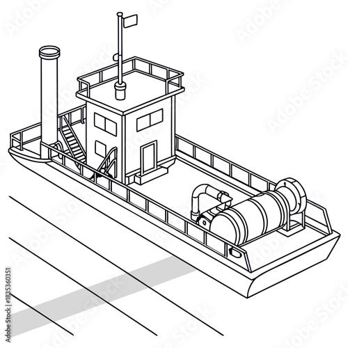 Isometric line drawing of a barge with a smokestack and a large cylindrical tank on deck