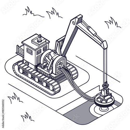 Construction excavator machine laying underground fiber optic cables for telecommunication network infrastructure development