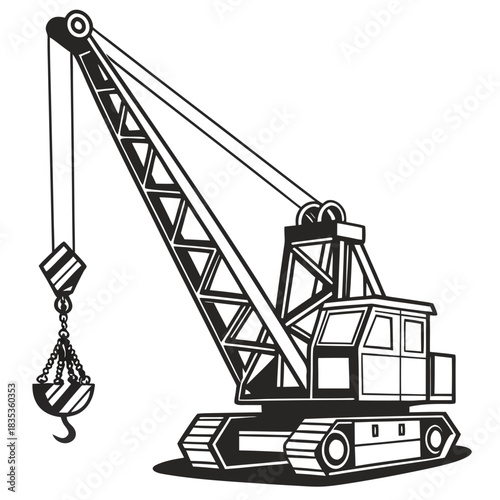 Black and white illustration of a crawler crane with a hook and chain ready for lifting heavy loads